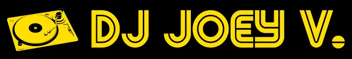 Bold yellow text "DJ JOEY V." with a stylized turntable icon on a black background, conveying a lively and modern musical theme.