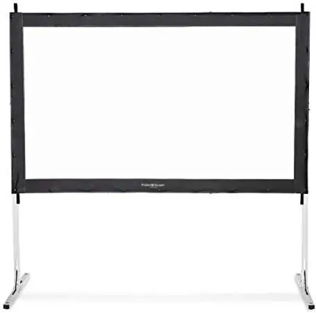 Portable projection screen with a black frame and silver stand, standing against a white background. The setup conveys a minimalist, functional tone.